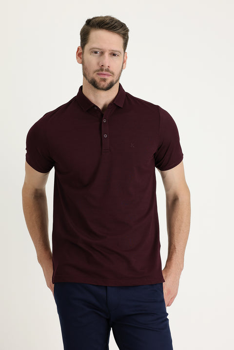 Koyu Bordo Polo Yaka Regular Fit Nakışlı Tişört