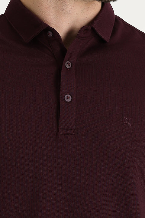 Koyu Bordo Polo Yaka Regular Fit Nakışlı Tişört