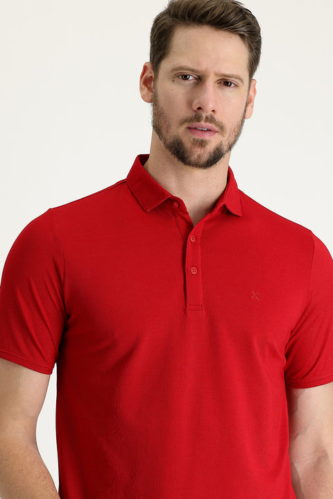 Koyu Kırmızı Polo Yaka Regular Fit Nakışlı Tişört