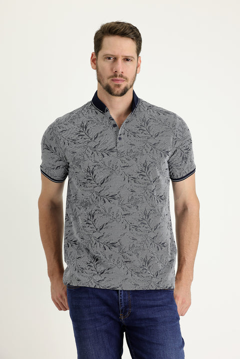 Koyu Lacivert Polo Yaka Regular Fit Desenli Tişört