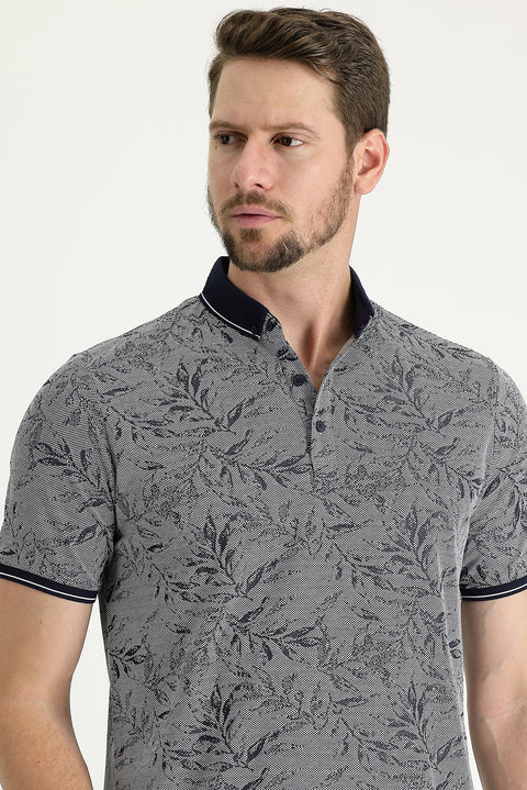 Koyu Lacivert Polo Yaka Regular Fit Desenli Tişört