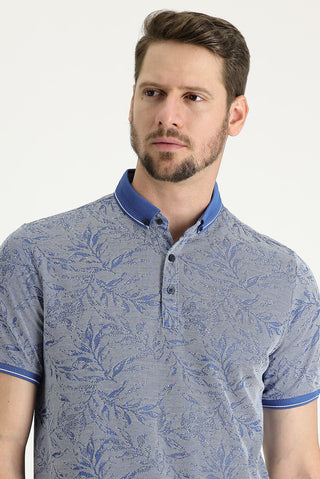  Saks Mavi Polo Yaka Regular Fit Desenli Tişört