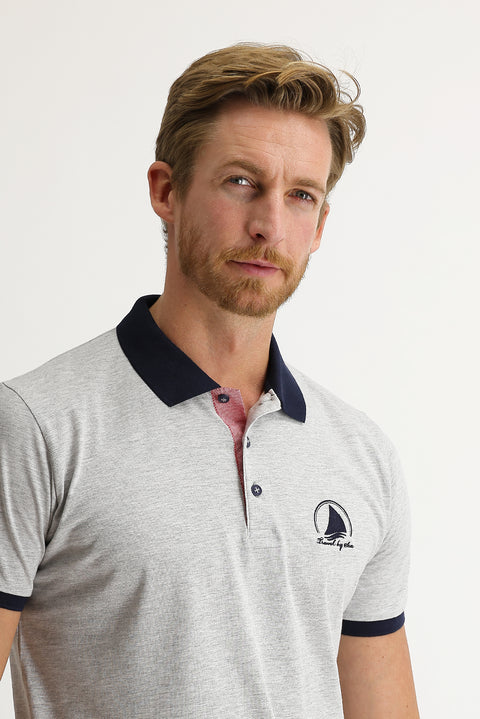 Açık Gri Melanj Polo Yaka Slim Fit Dar Kesim Desenli Tişört