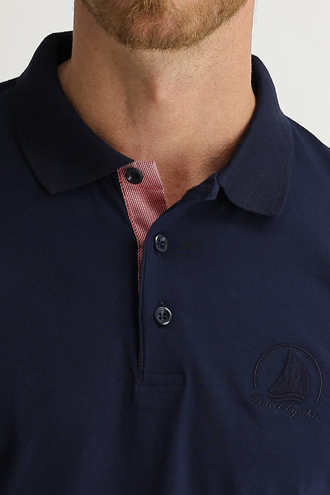 Orta Lacivert Polo Yaka Slim Fit Dar Kesim Desenli Tişört