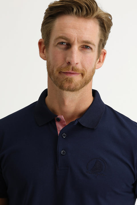 Orta Lacivert Polo Yaka Slim Fit Dar Kesim Desenli Tişört