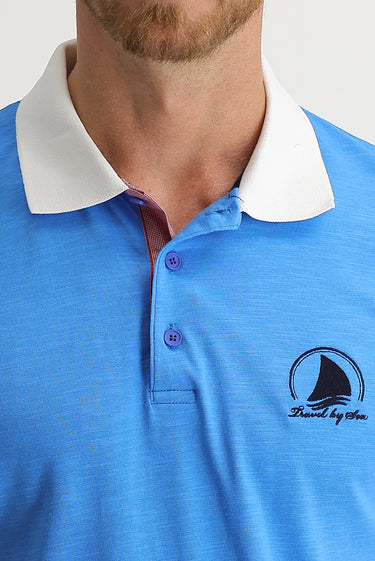 Açık Mavi Polo Yaka Slim Fit Dar Kesim Desenli Tişört
