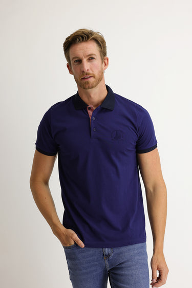 Gök Mavisi Polo Yaka Slim Fit Dar Kesim Desenli Tişört