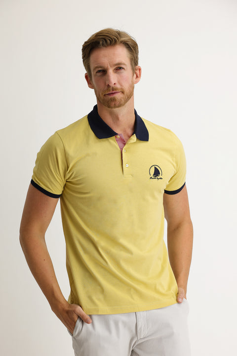 Orta Bej Polo Yaka Slim Fit Dar Kesim Desenli Tişört