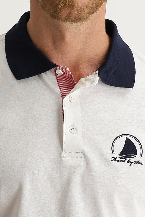 Beyaz Polo Yaka Slim Fit Dar Kesim Desenli Tişört