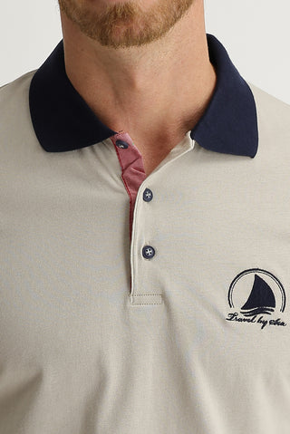  Ekru Polo Yaka Slim Fit Dar Kesim Desenli Tişört