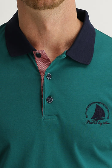 Zümrüt Yeşili Polo Yaka Slim Fit Dar Kesim Desenli Tişört