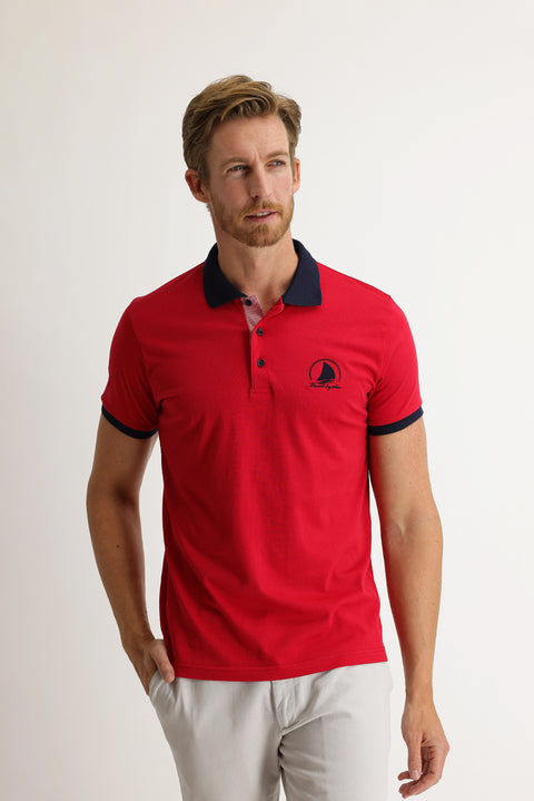 Koyu Kırmızı Polo Yaka Slim Fit Dar Kesim Desenli Tişört