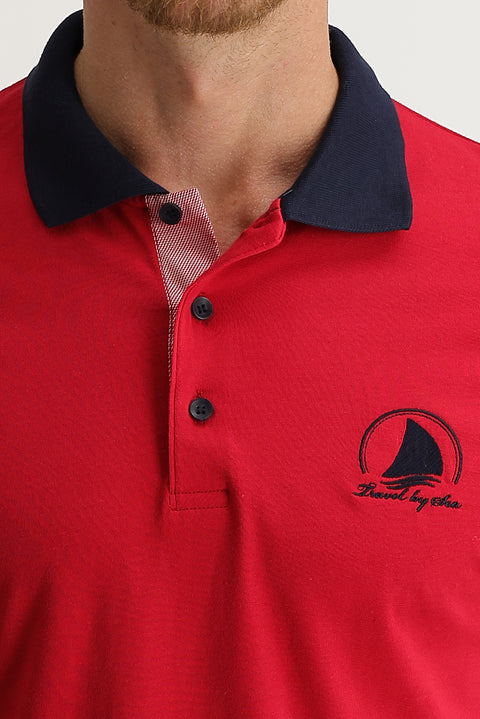 Koyu Kırmızı Polo Yaka Slim Fit Dar Kesim Desenli Tişört
