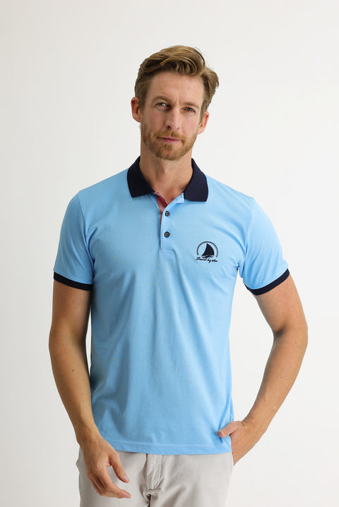 Orta Turkuaz Polo Yaka Slim Fit Dar Kesim Desenli Tişört