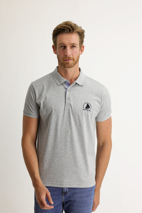 Orta Gri Polo Yaka Slim Fit Dar Kesim Desenli Pamuk Tişört