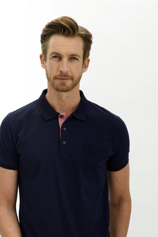 Orta Lacivert Polo Yaka Slim Fit Dar Kesim Desenli Pamuk Tişört