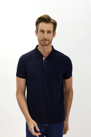  Orta Lacivert Polo Yaka Slim Fit Dar Kesim Desenli Pamuk Tişört