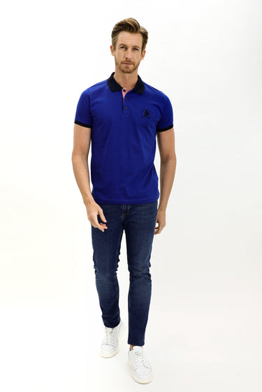 Koyu Lacivert Polo Yaka Slim Fit Dar Kesim Desenli Pamuk Tişört