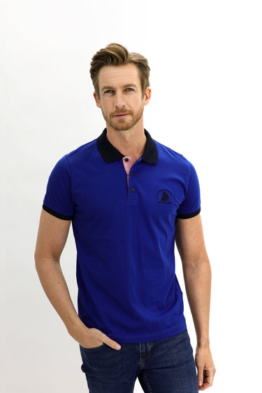 Koyu Lacivert Polo Yaka Slim Fit Dar Kesim Desenli Pamuk Tişört