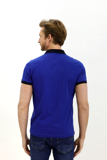 Koyu Lacivert Polo Yaka Slim Fit Dar Kesim Desenli Pamuk Tişört