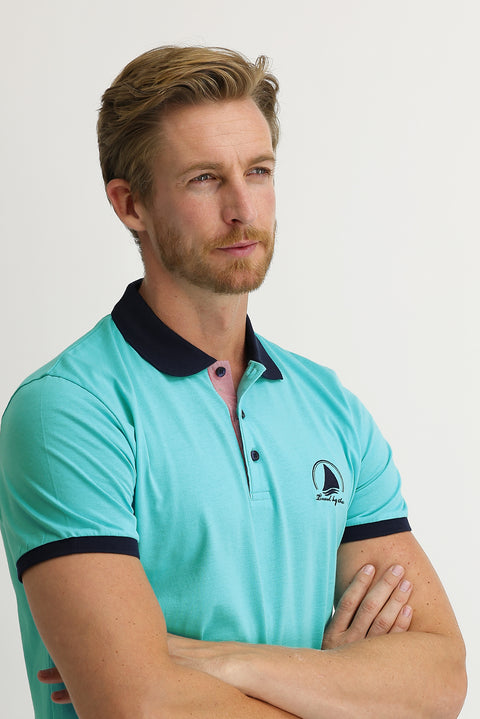 Açık Mavi Polo Yaka Slim Fit Dar Kesim Desenli Pamuk Tişört