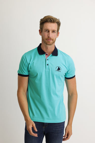 Açık Mavi Polo Yaka Slim Fit Dar Kesim Desenli Pamuk Tişört