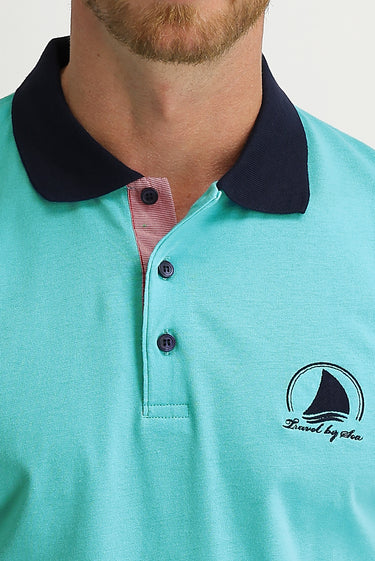 Açık Mavi Polo Yaka Slim Fit Dar Kesim Desenli Pamuk Tişört