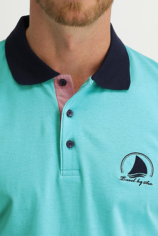  Açık Mavi Polo Yaka Slim Fit Dar Kesim Desenli Pamuk Tişört