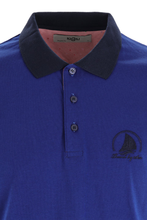 Su Mavisi Polo Yaka Slim Fit Dar Kesim Desenli Pamuk Tişört