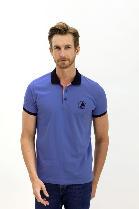 Aqua Mavisi Polo Yaka Slim Fit Dar Kesim Desenli Pamuk Tişört