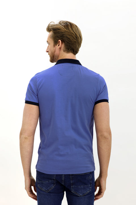 Aqua Mavisi Polo Yaka Slim Fit Dar Kesim Desenli Pamuk Tişört