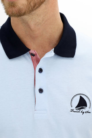  Mavi Polo Yaka Slim Fit Dar Kesim Desenli Pamuk Tişört