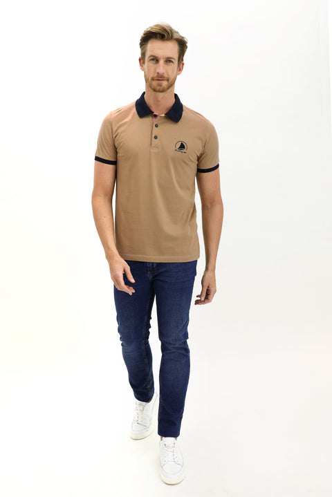 Açık Bej Polo Yaka Slim Fit Dar Kesim Desenli Pamuk Tişört