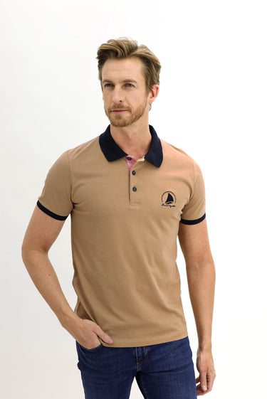  Açık Bej Polo Yaka Slim Fit Dar Kesim Desenli Pamuk Tişört
