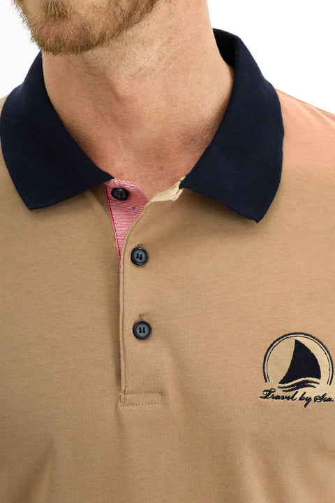 Açık Bej Polo Yaka Slim Fit Dar Kesim Desenli Pamuk Tişört