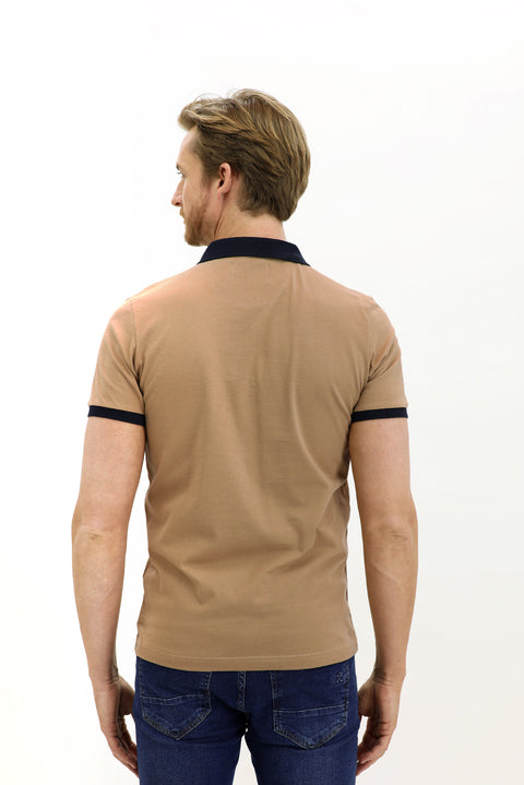 Açık Bej Polo Yaka Slim Fit Dar Kesim Desenli Pamuk Tişört