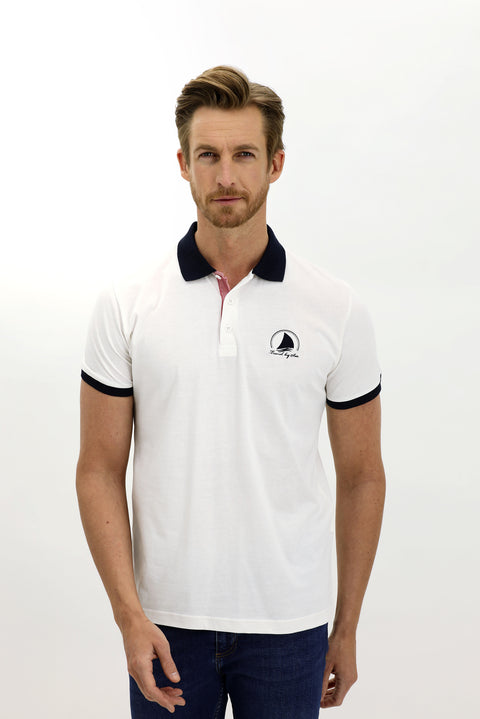 Beyaz Polo Yaka Slim Fit Dar Kesim Desenli Pamuk Tişört