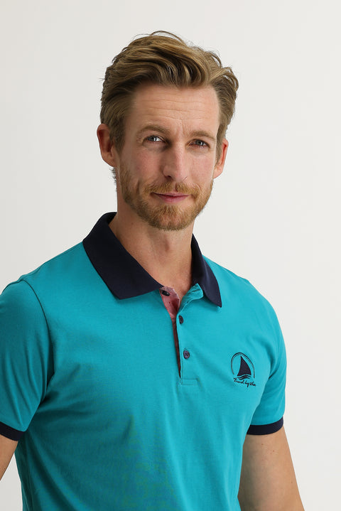 Orta Petrol Polo Yaka Slim Fit Dar Kesim Desenli Pamuk Tişört