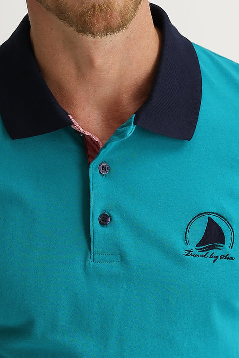 Orta Petrol Polo Yaka Slim Fit Dar Kesim Desenli Pamuk Tişört