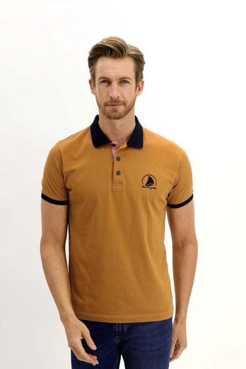 Hardal Polo Yaka Slim Fit Dar Kesim Desenli Pamuk Tişört