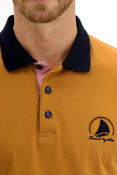 Hardal Polo Yaka Slim Fit Dar Kesim Desenli Pamuk Tişört