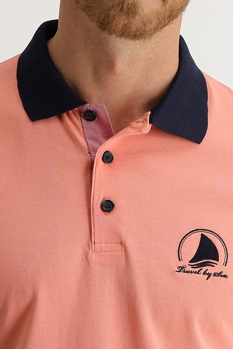 Orta Pembe Polo Yaka Slim Fit Dar Kesim Desenli Pamuk Tişört