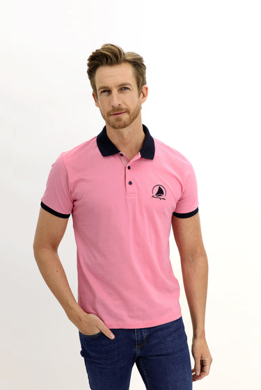 Şeker Pembe Polo Yaka Slim Fit Dar Kesim Desenli Pamuk Tişört