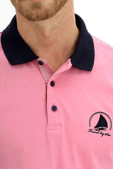 Şeker Pembe Polo Yaka Slim Fit Dar Kesim Desenli Pamuk Tişört
