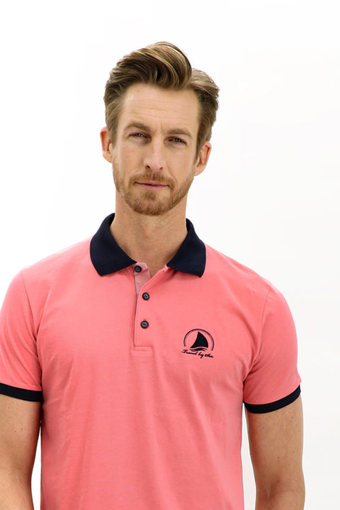 Fuşya Polo Yaka Slim Fit Dar Kesim Desenli Pamuk Tişört