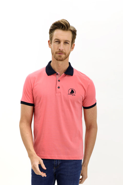 Fuşya Polo Yaka Slim Fit Dar Kesim Desenli Pamuk Tişört