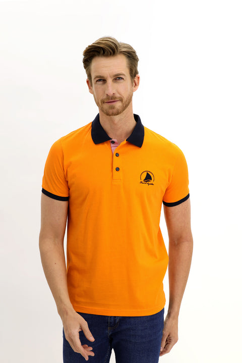 Açık Turuncu Polo Yaka Slim Fit Dar Kesim Desenli Pamuk Tişört