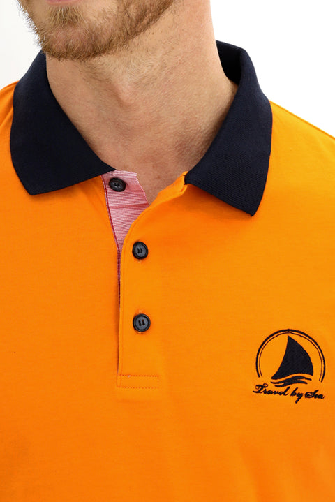 Açık Turuncu Polo Yaka Slim Fit Dar Kesim Desenli Pamuk Tişört