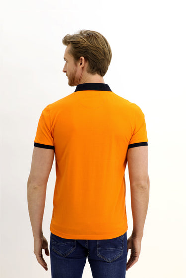 Açık Turuncu Polo Yaka Slim Fit Dar Kesim Desenli Pamuk Tişört