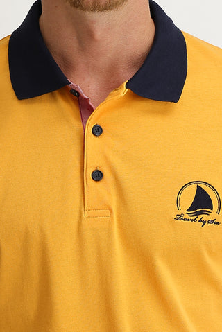  Orta Turuncu Polo Yaka Slim Fit Dar Kesim Desenli Pamuk Tişört